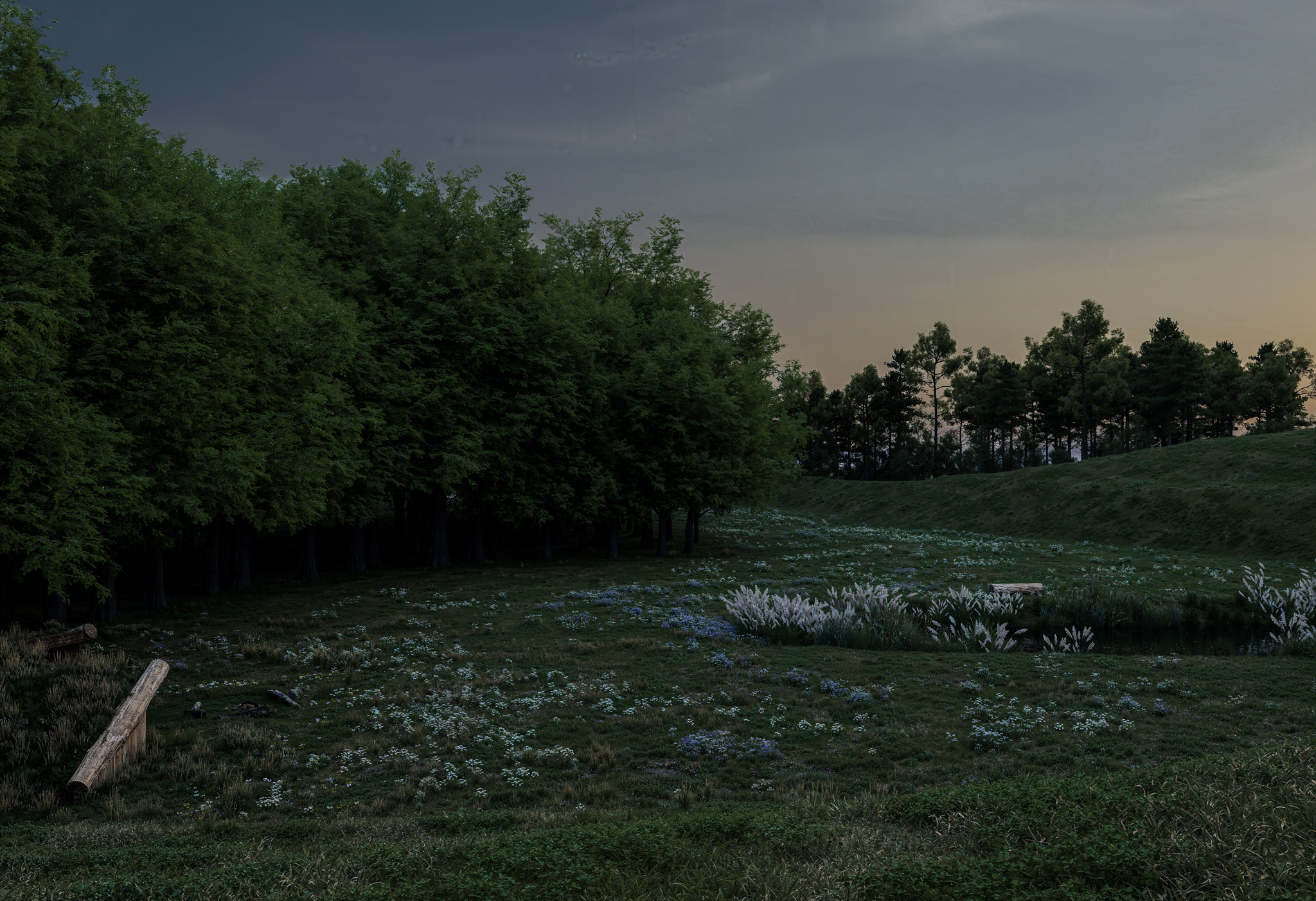 atmospheric landscape render of Havnsø Climate Park, land art shaped from surplus soil